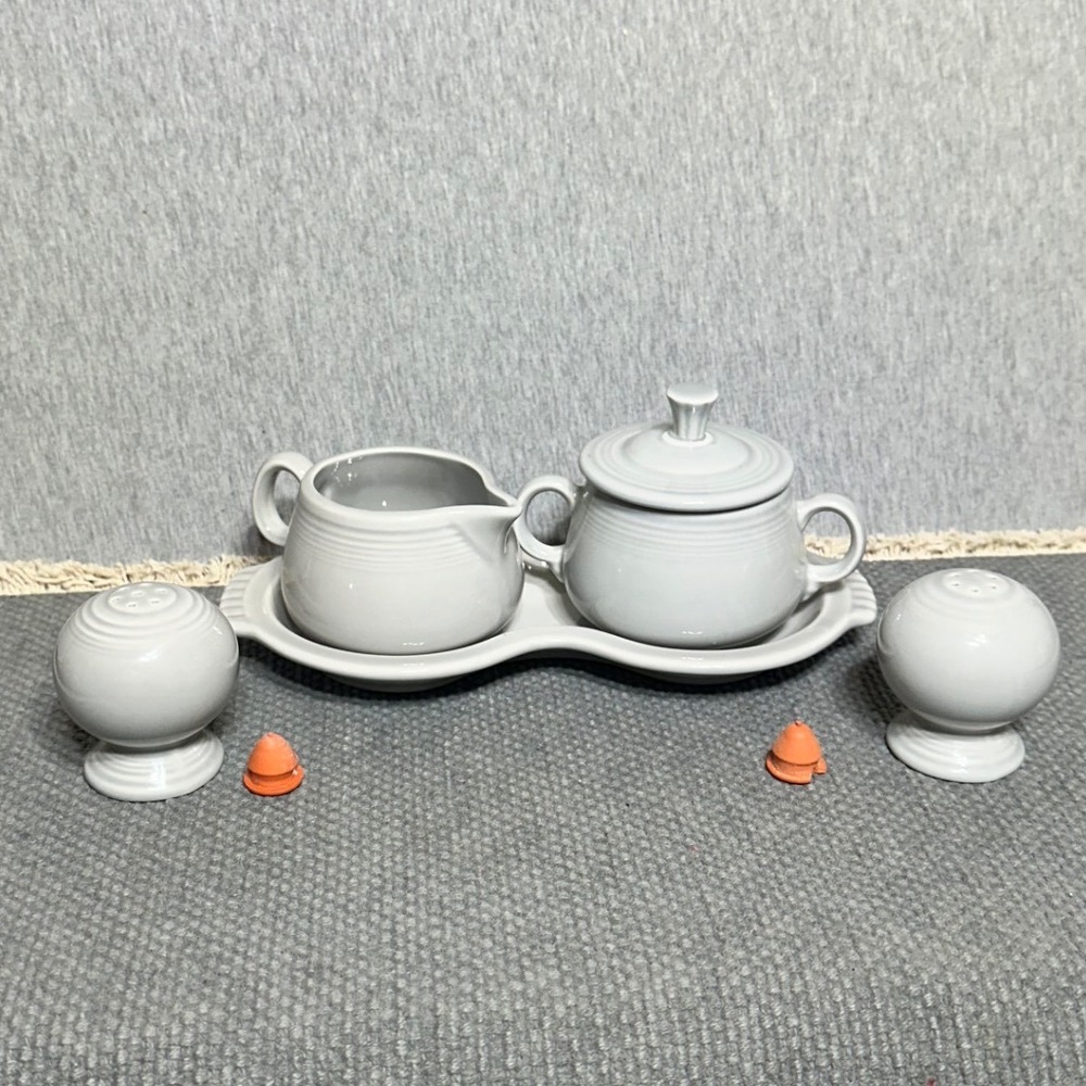 Fiesta Pearl Gray Cream and Sugar Set with Tray and Salt Pepper Shakers 6 Piece